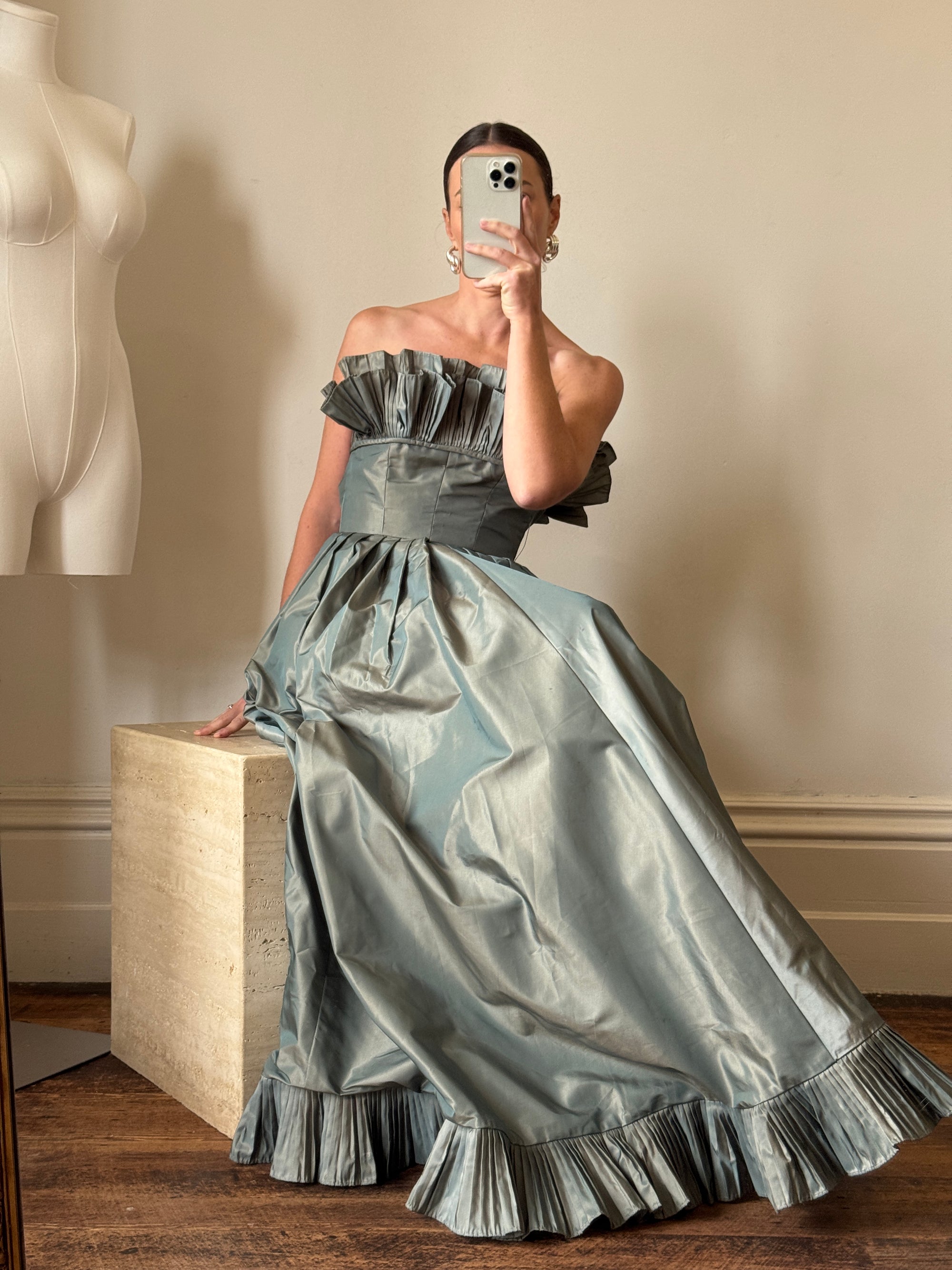 Vintage 80s Taffeta Pleated Strapless Gown Slate