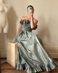 Vintage 80s Taffeta Pleated Strapless Gown Slate