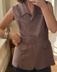 Vintage Taupe Brown Belted Utility Vest
