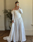 Vintage 90s Pure Silk Rosette Off Shoulder Wedding Gown
