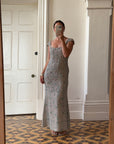 Vintage 90s Badgley Mischka Silver Pure Silk Embellished Gown
