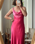 Vintage 90s Pure Silk Bias Cut Slip Dress With Rhinestones Hot Pink