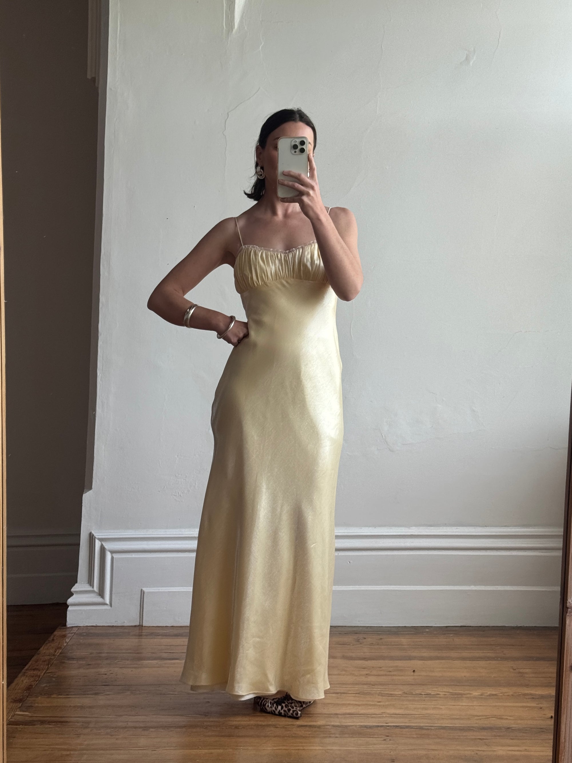 Vintage 90s Butter Yellow Organza Bias Slip Dress