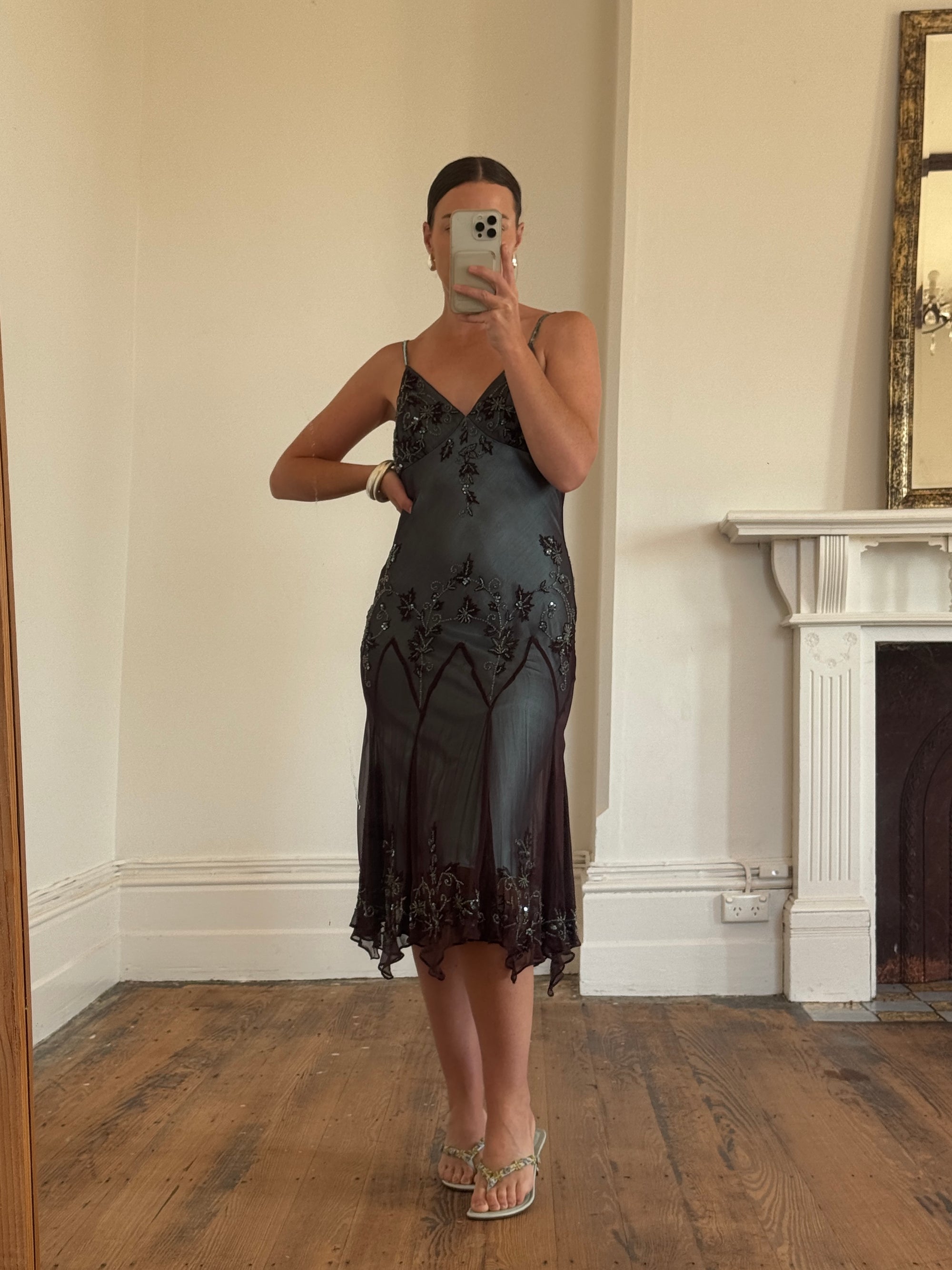 Vintage 90s Indigo Pure Silk Beaded Dress