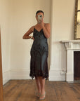 Vintage 90s Indigo Pure Silk Beaded Dress