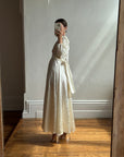 Vintage 70s Floral Satin Jacquard Wedding Dress Creme