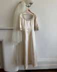 Vintage 90s Pure Silk Satin Baroque Scoop Neck Wedding Gown and Veil