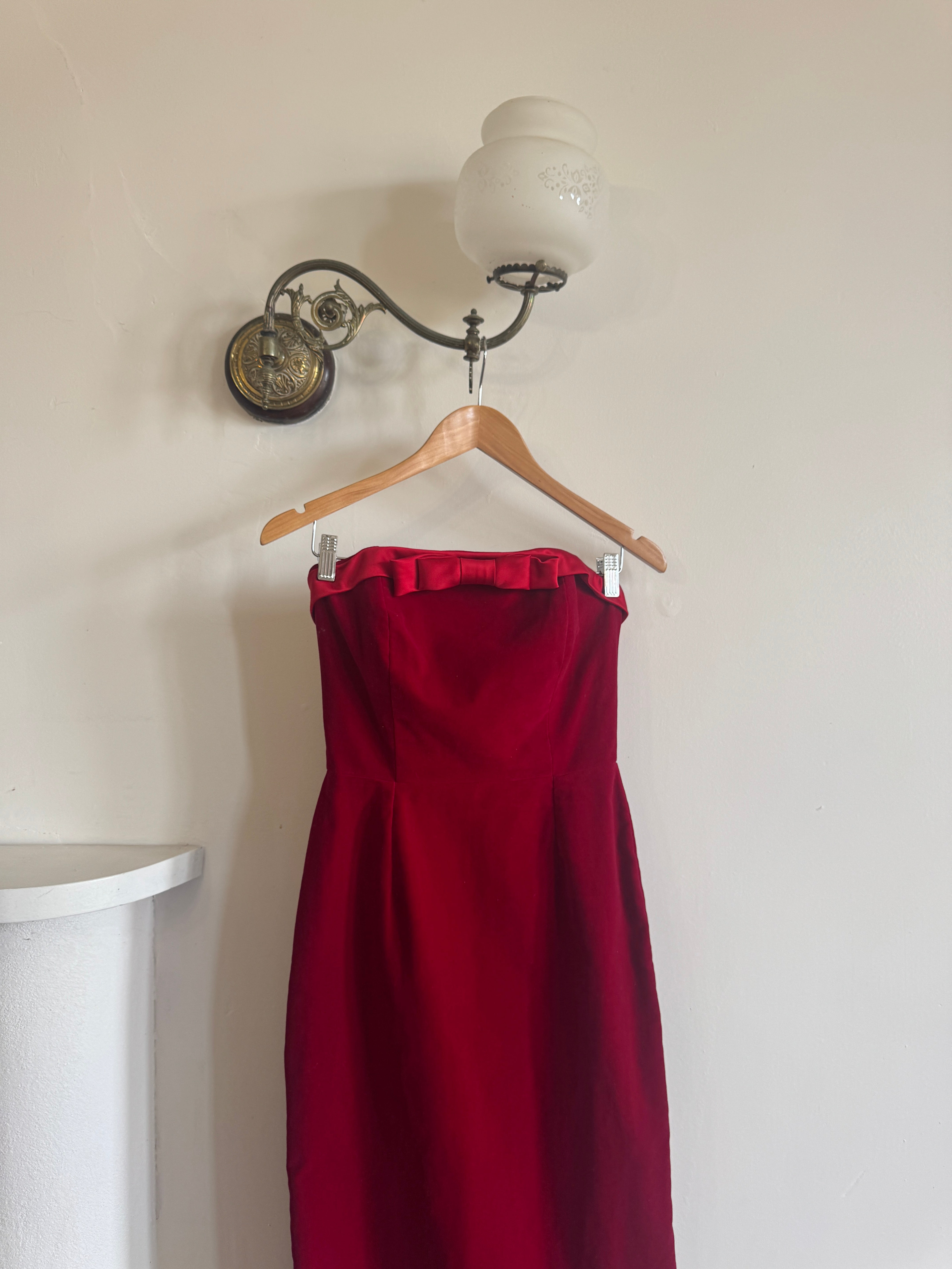 Vintage 90s Red Velvet Strapless Midi Dress with Bow