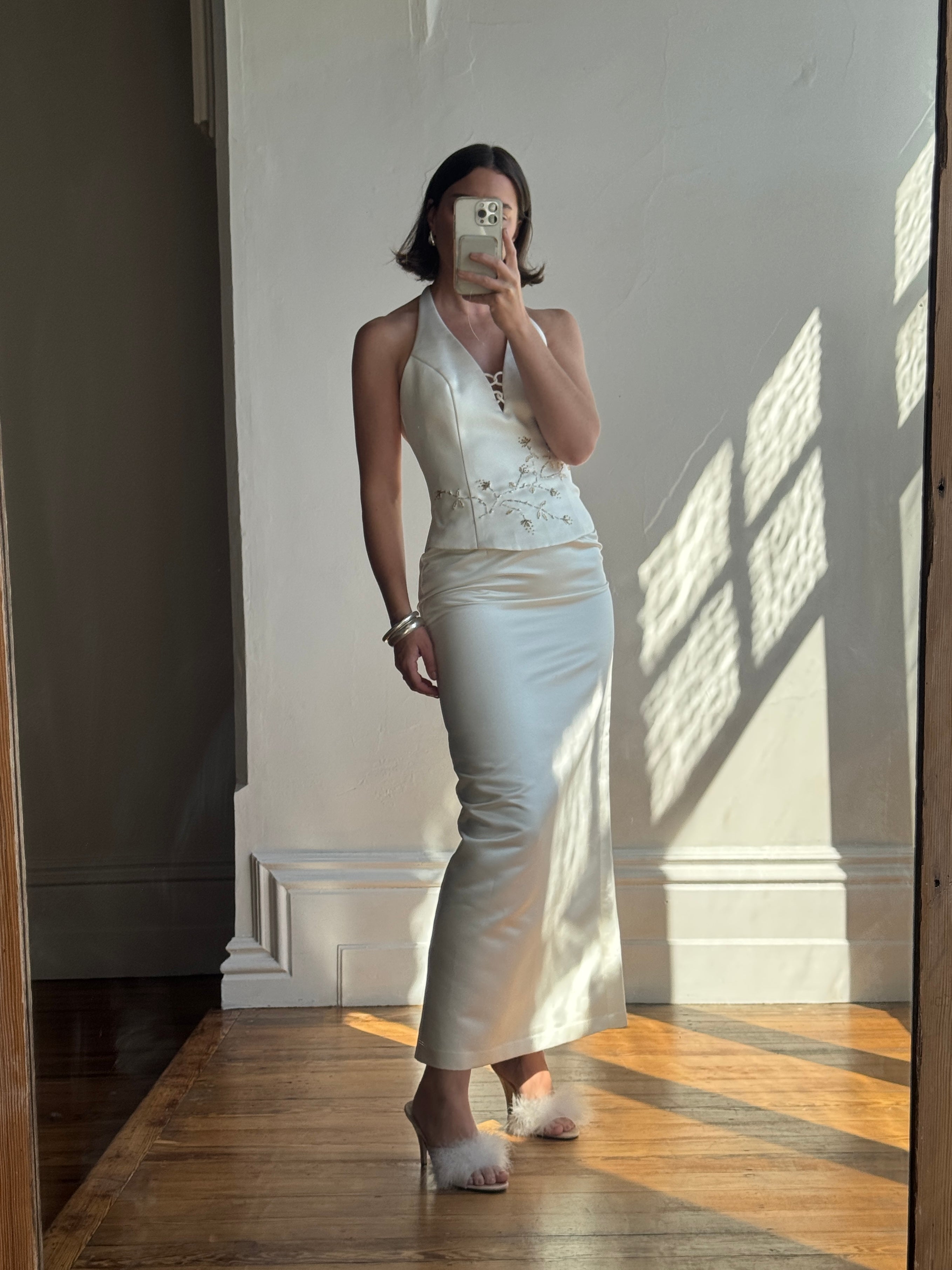 Vintage 90s Halter Two Piece Embellished Satin Wedding Set