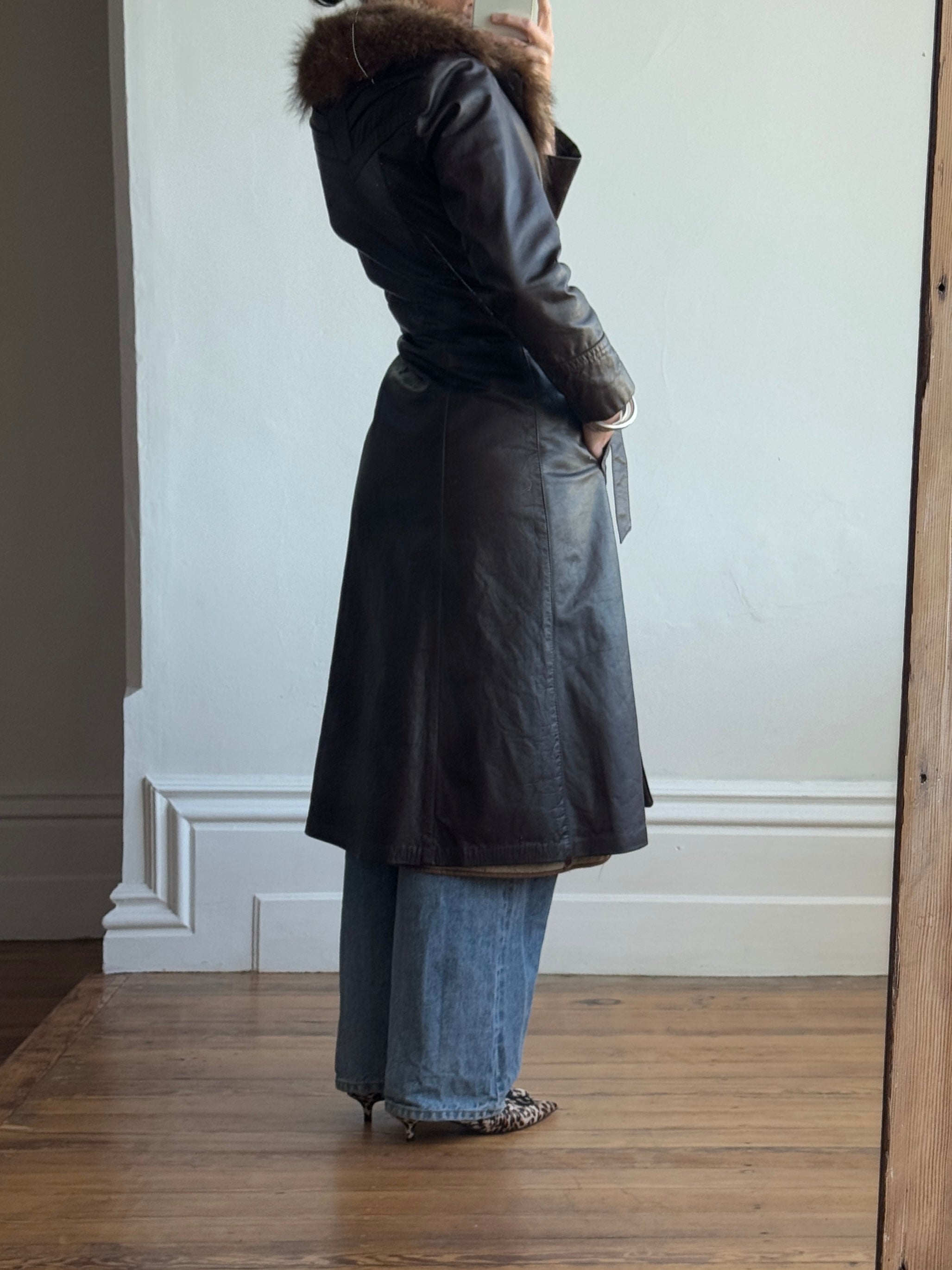 Vintage 70s Chocolate Leather Trench Coat with Fur Collar
