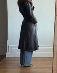 Vintage 70s Chocolate Leather Trench Coat with Fur Collar
