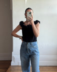Vintage 90s Jersey Ruffle Off the Shoulder Top Noir
