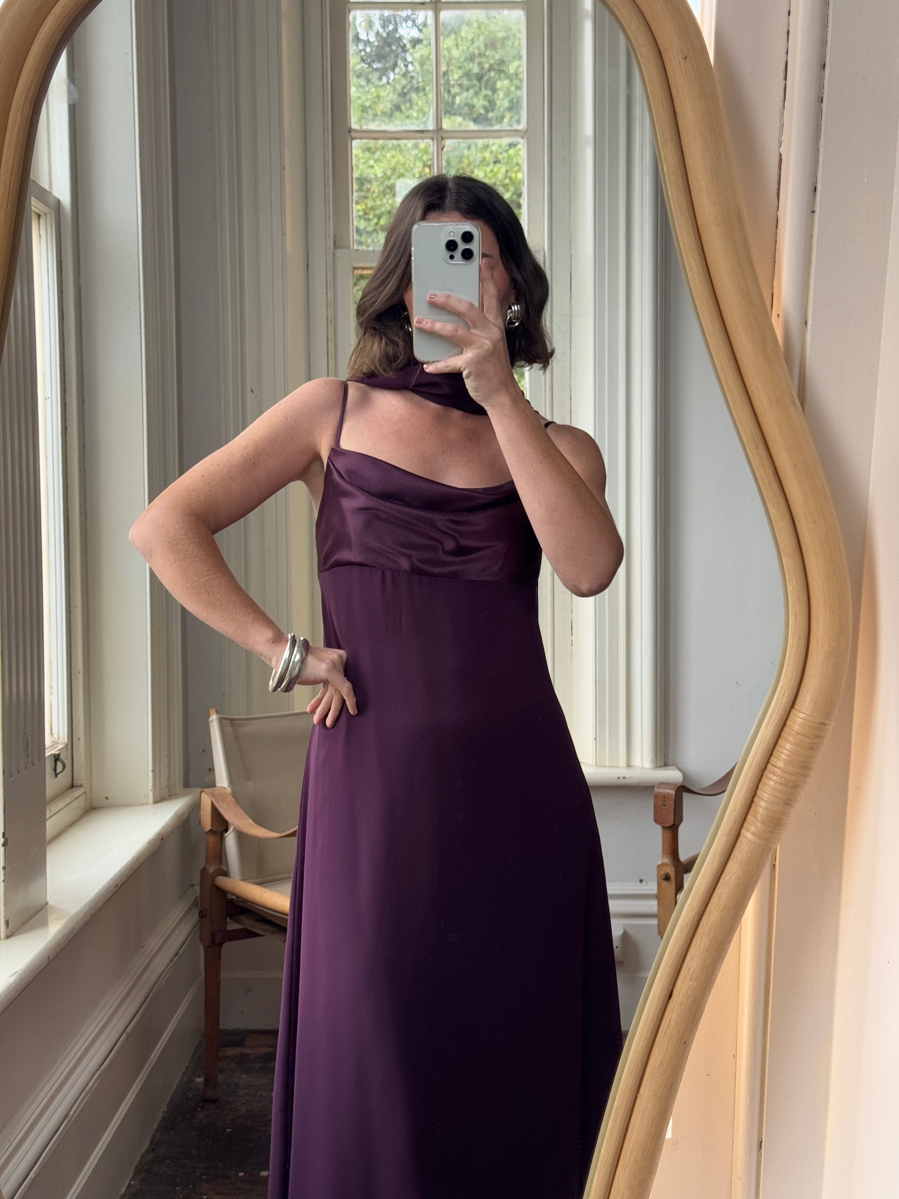Vintage 90s Aubergine Cowl Neck Dress With Scarf