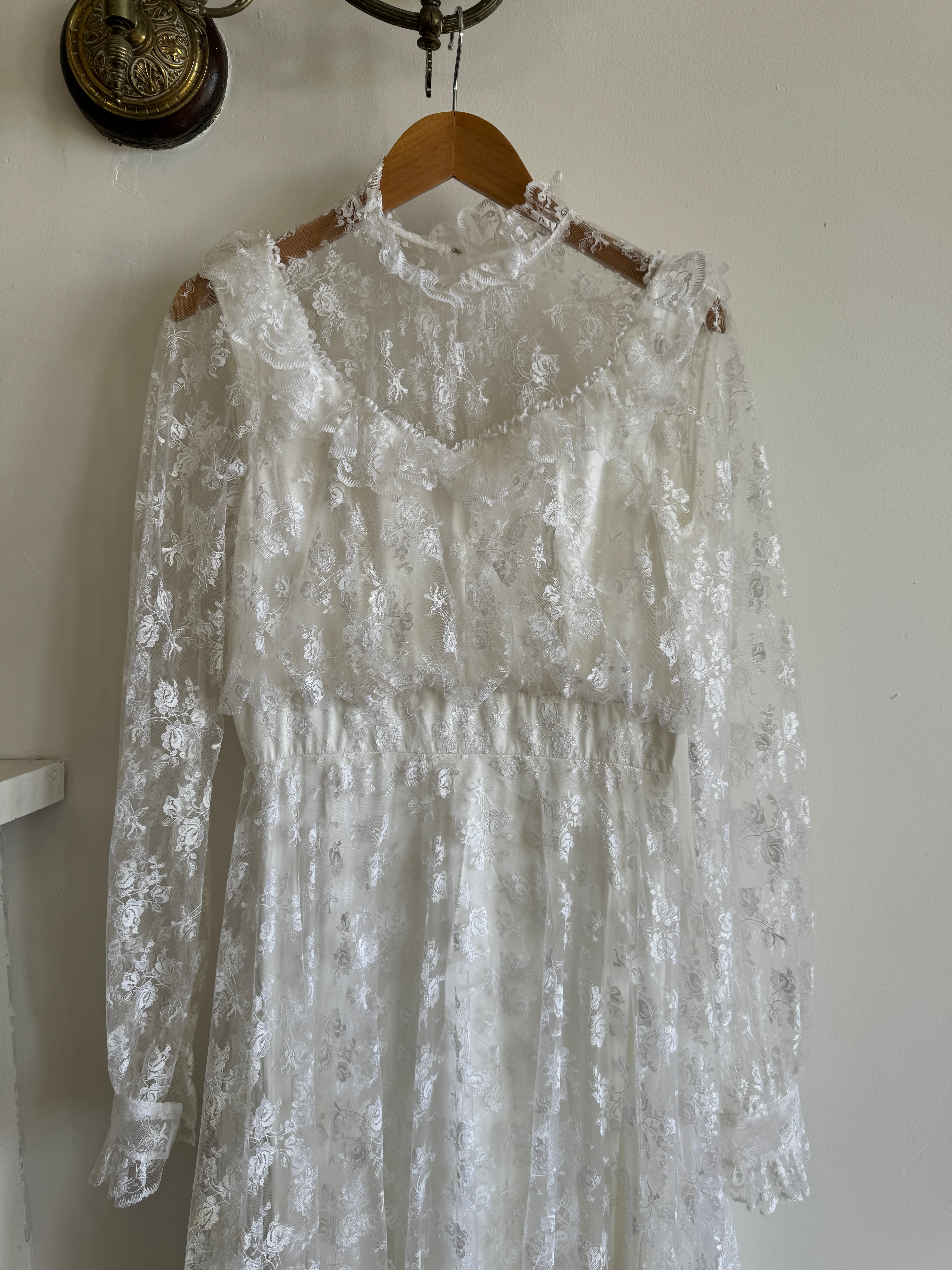 Vintage 70s Lace Prairie Wedding Gown White
