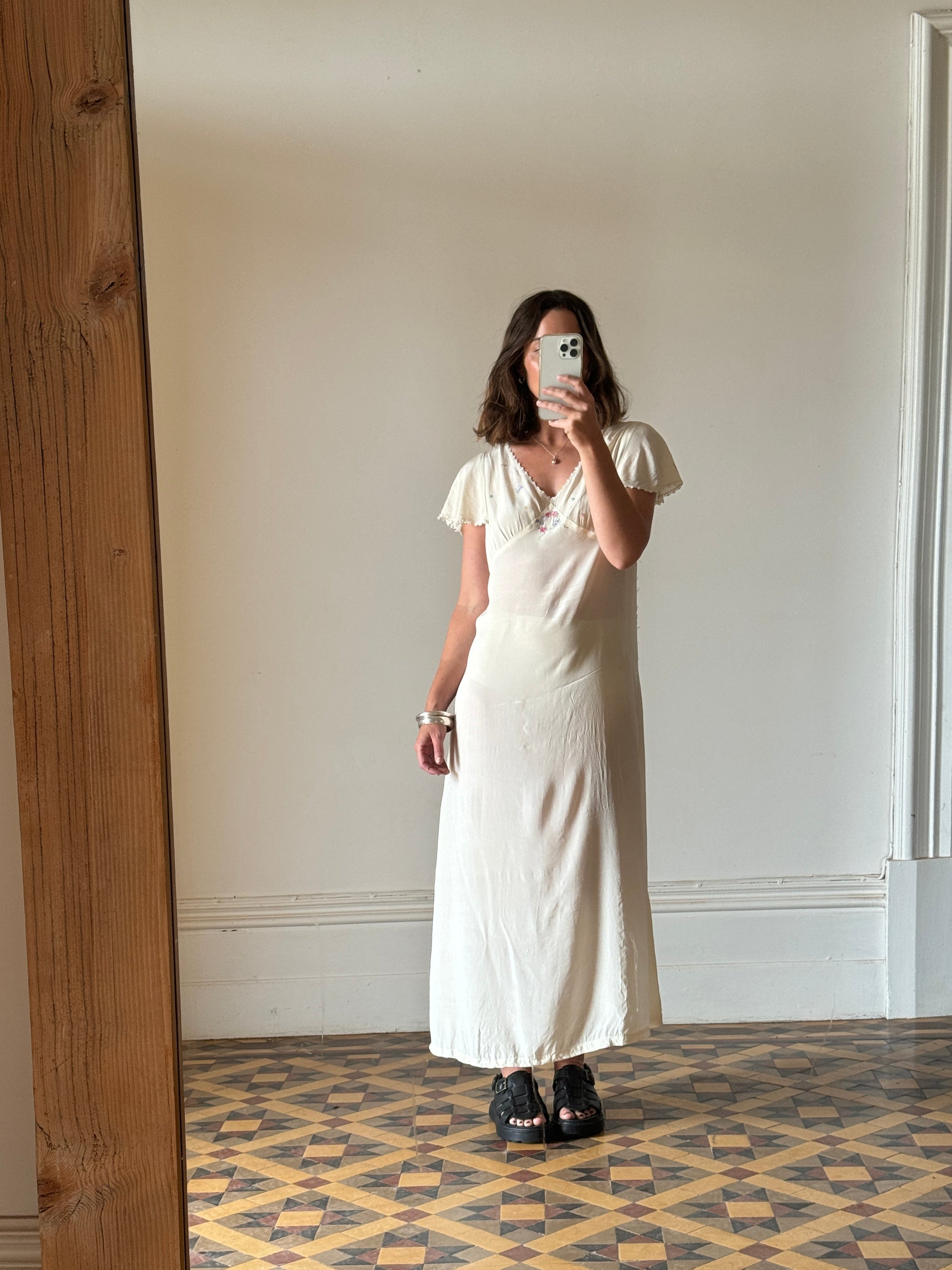 Vintage Cream Sundress with Floral Embroidery