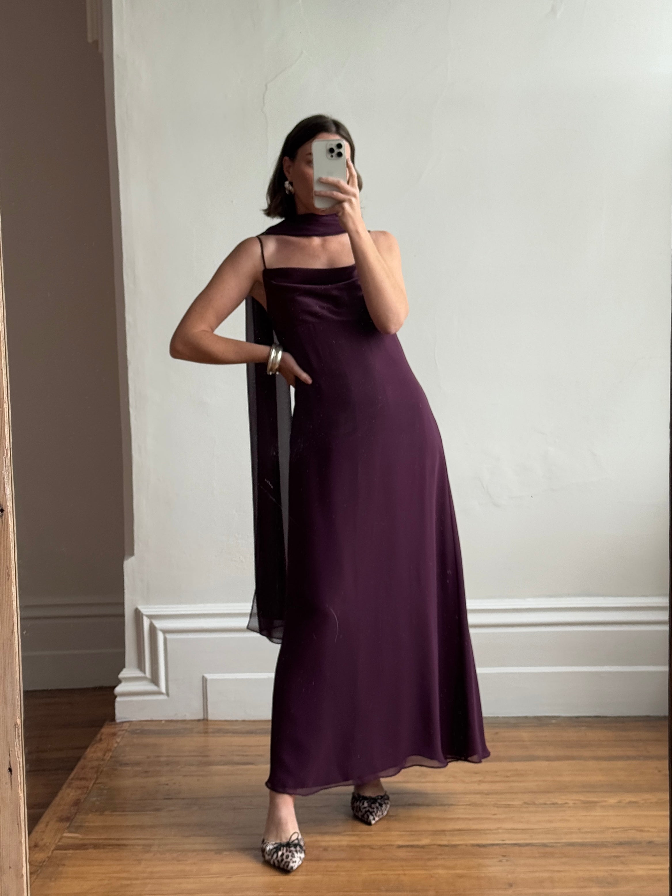 Vintage 90s Aubergine Cowl Neck Dress With Scarf