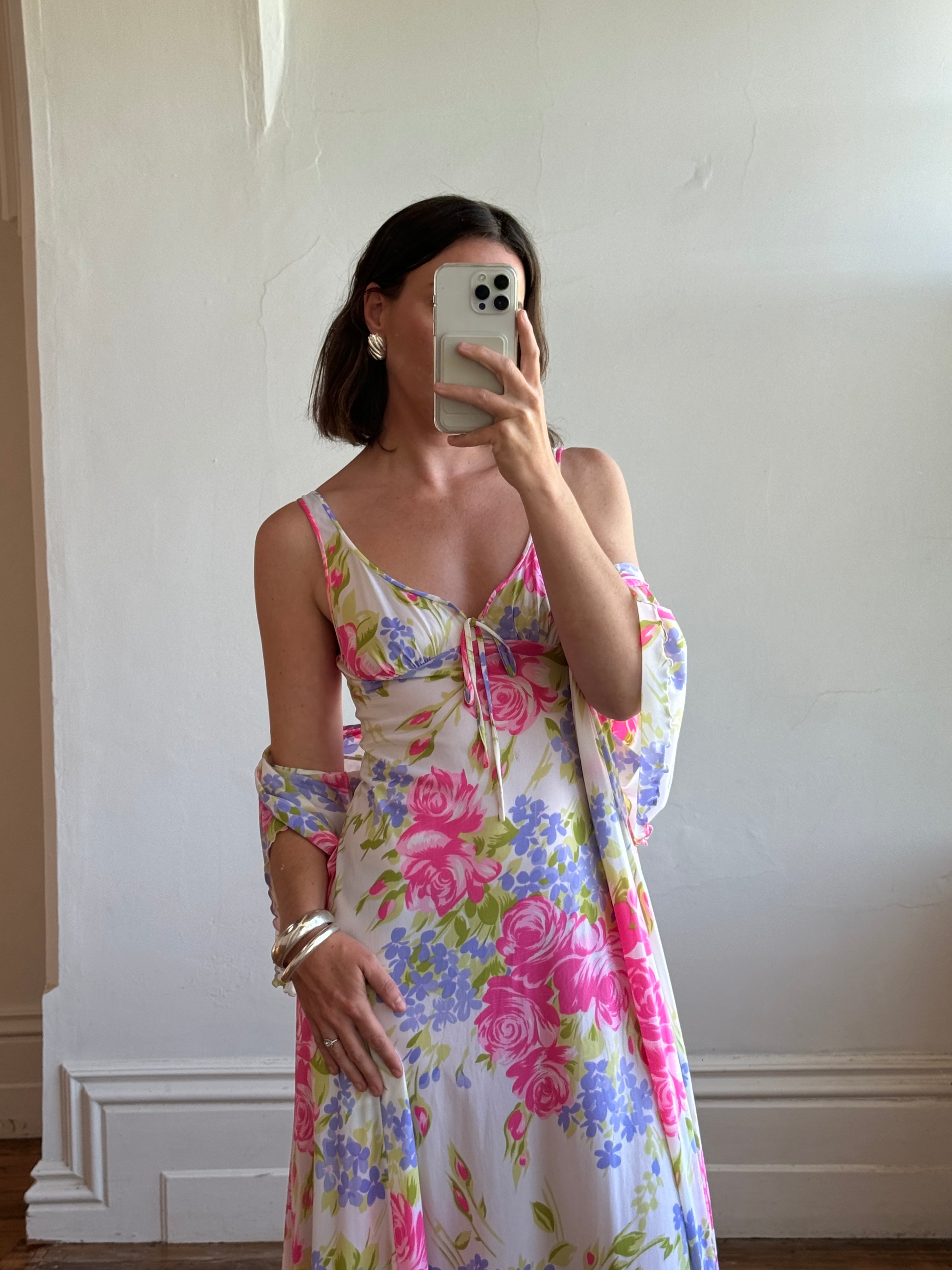 Vintage 70s Pink Floral Slip and Wrap Dress Set