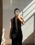 Vintage 90s Low Jersey Evening Dress Rhinestone Snake Noir