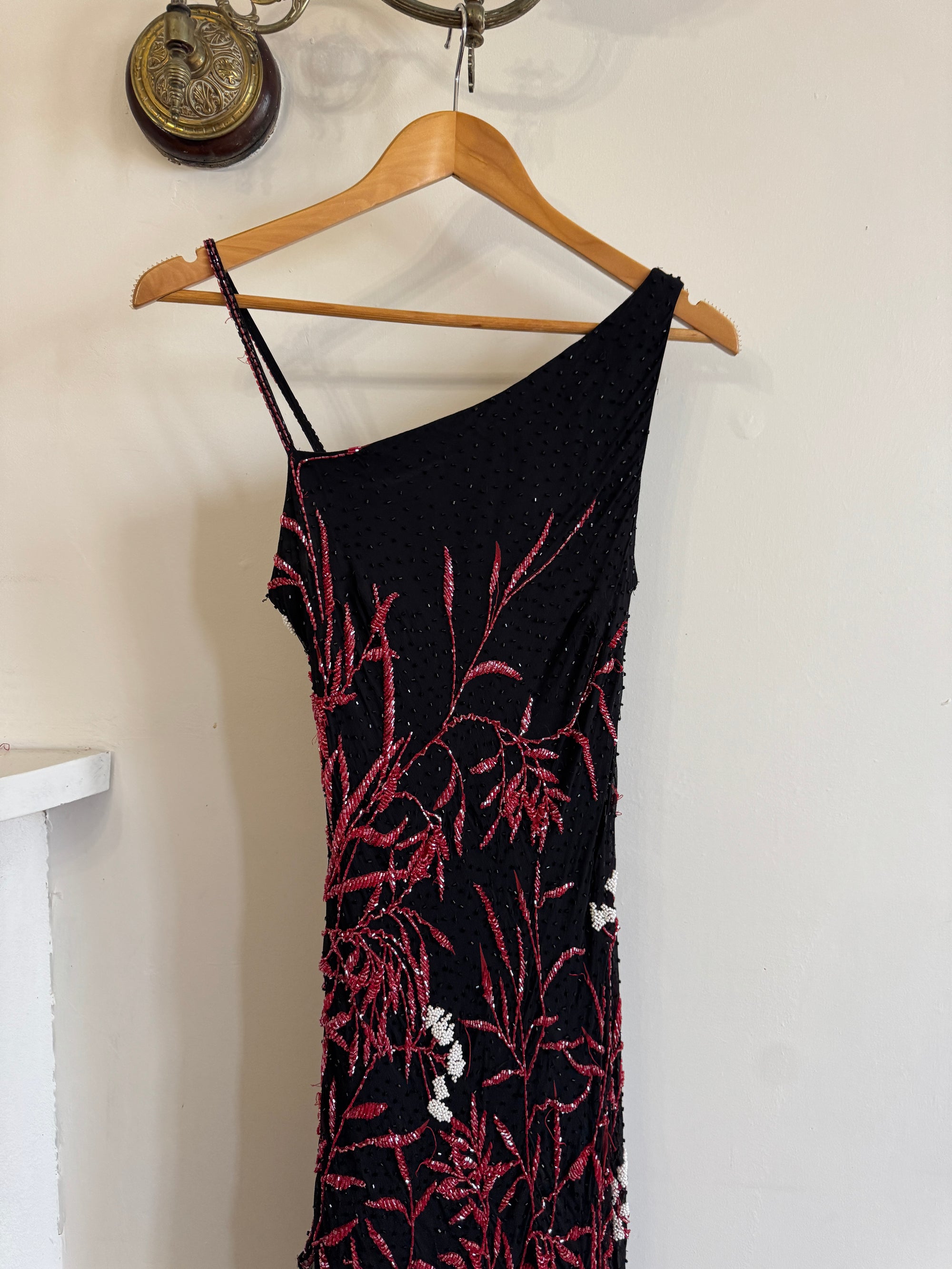 Vintage 90s Beaded Asymmetrical Evening Dress Red Vine