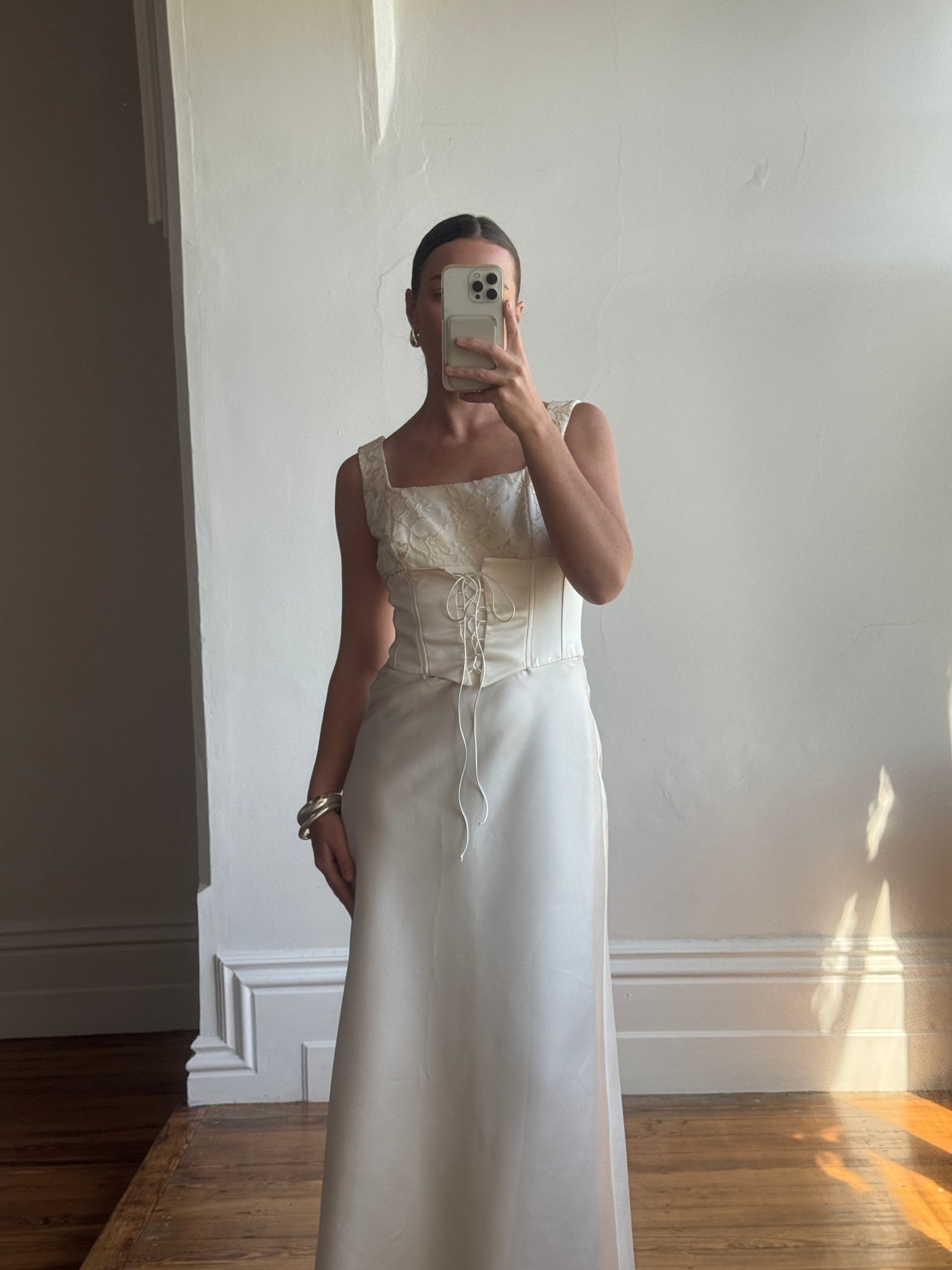 Vintage 90s Lace Up Waist Satin Column Wedding Dress