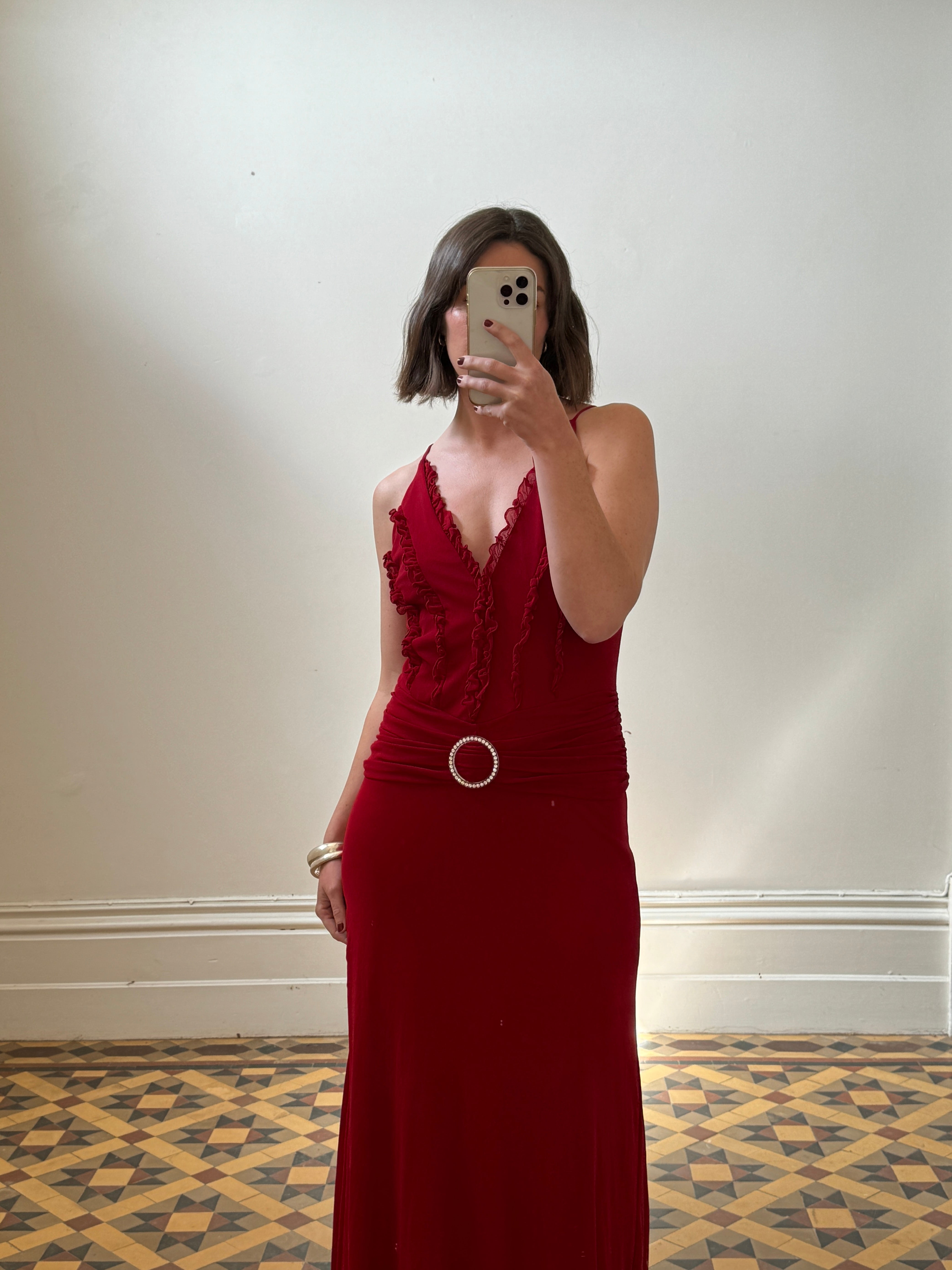 Vintage 90s Flame Red Ruffle Evening Dress with Rhinestone Belt
