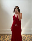 Vintage 90s Flame Red Ruffle Evening Dress with Rhinestone Belt