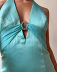 Vintage 90s A-Line Aqua Prom Dress with Rhinestones