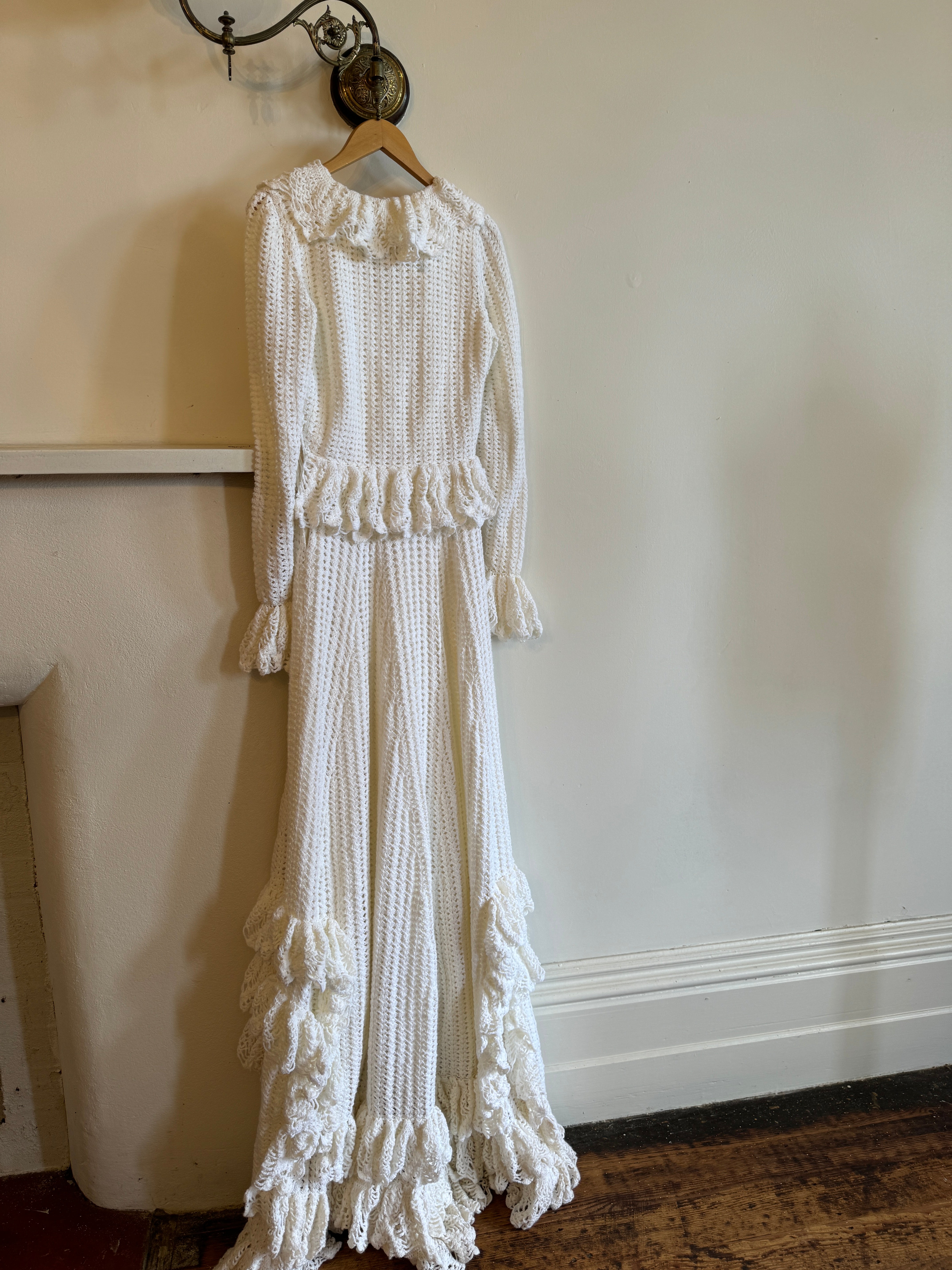 Vintage 1970s Crochet Ruffle Couture Wedding Gown