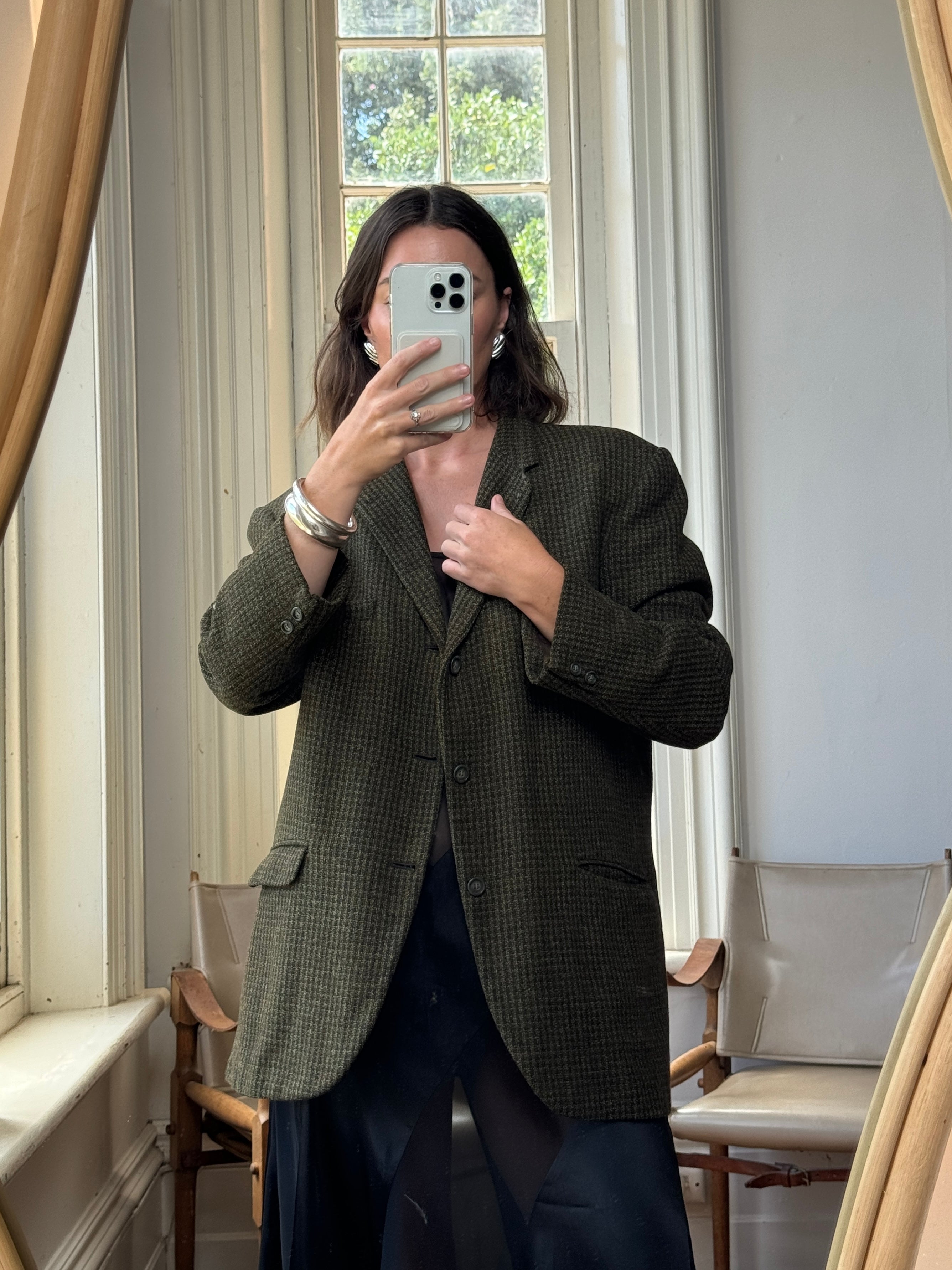 Vintage 50s Pure Wool Olive Herringbone Blazer