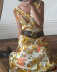 Vintage 70s Garden Soiree Autumn Floral V Neck Dress