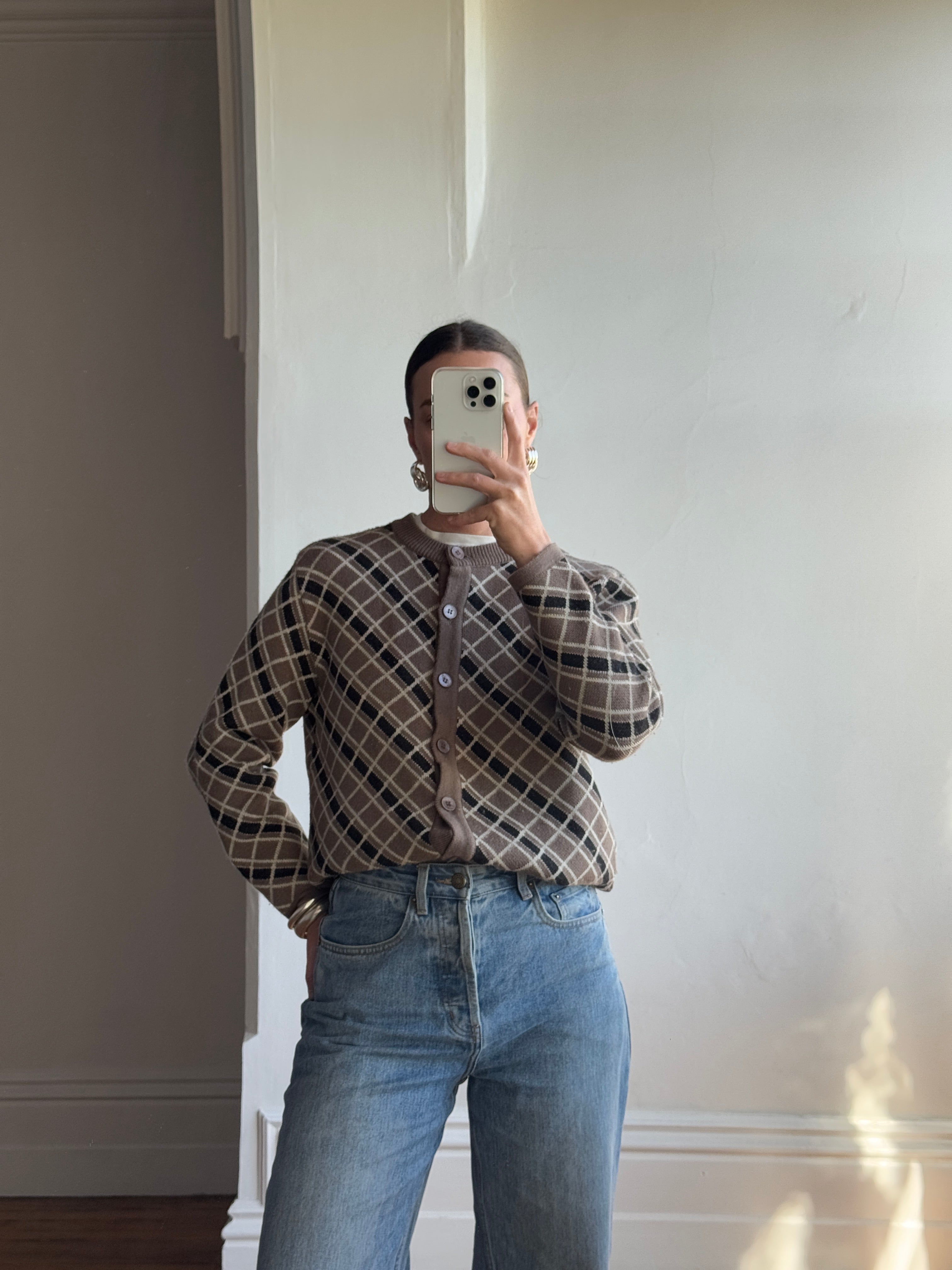 Vintage Pure Wool Check Cardi Taupe Black
