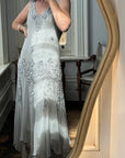 Vintage 90s Pure Silk Beaded V Neck Dress Light Grey