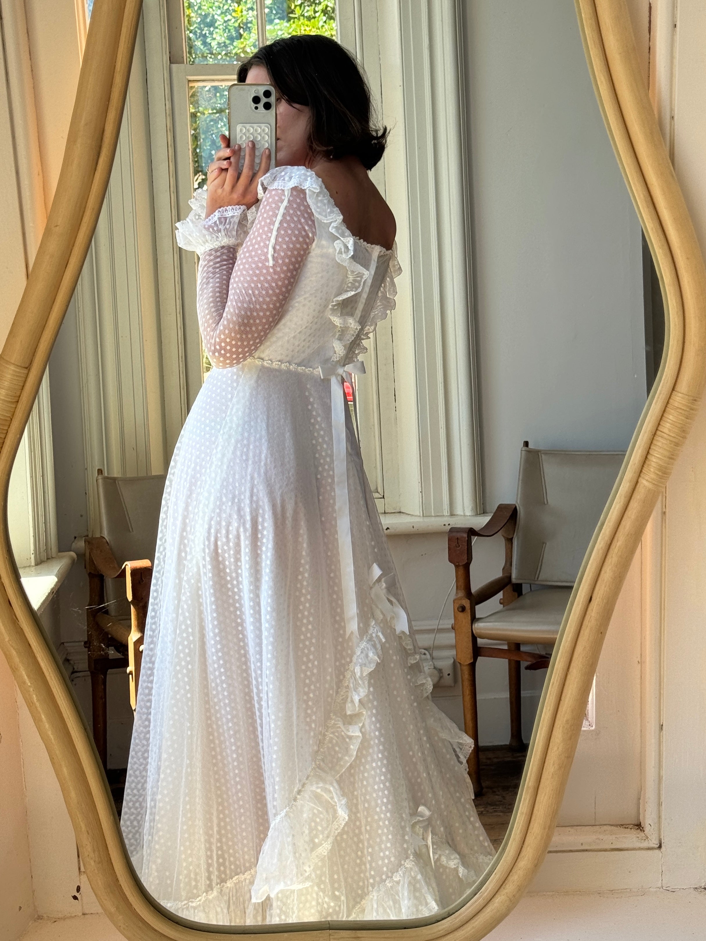 Vintage 70s Polka Scoop Neck Wedding Dress