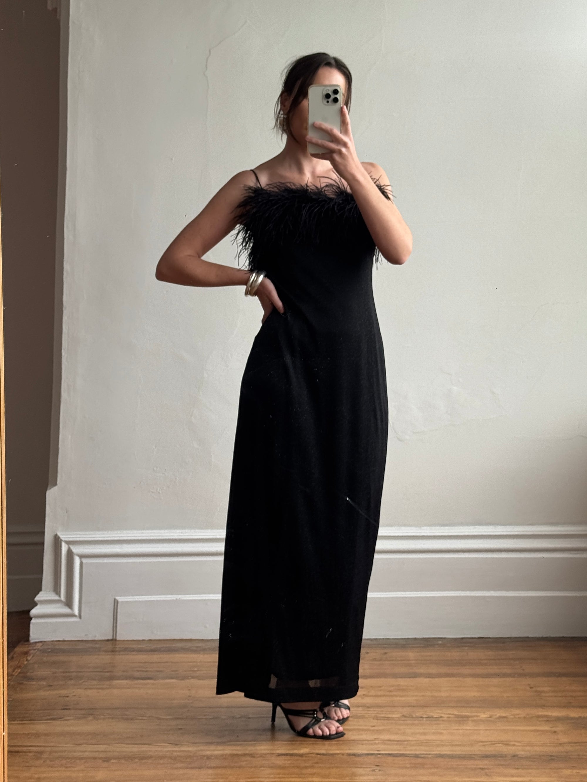 Vintage 90s Lurex Ostrich Feather Dress Noir