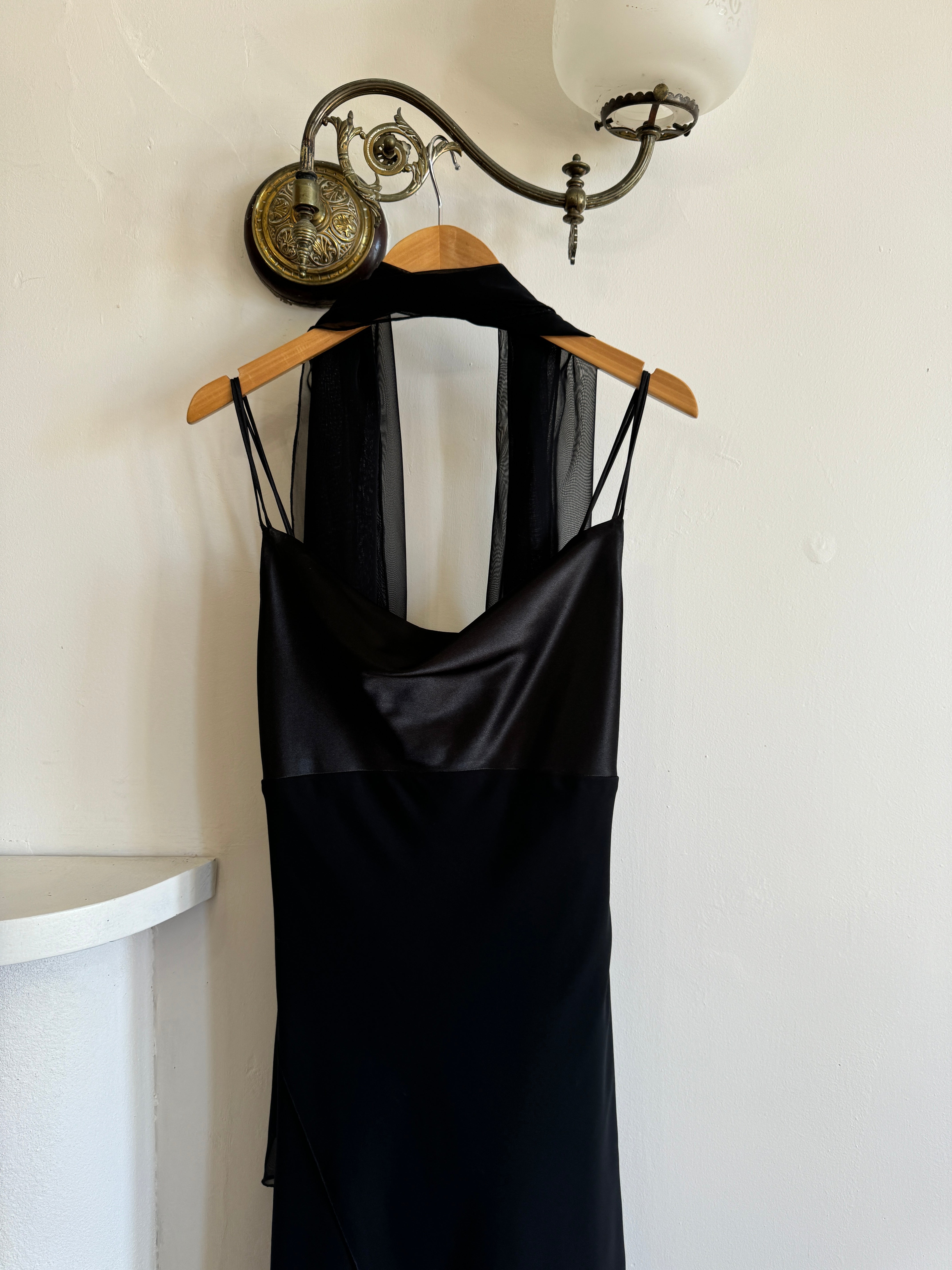 Vintage 90s Satin and Chiffon Cocktail Dress With Scarf Noir