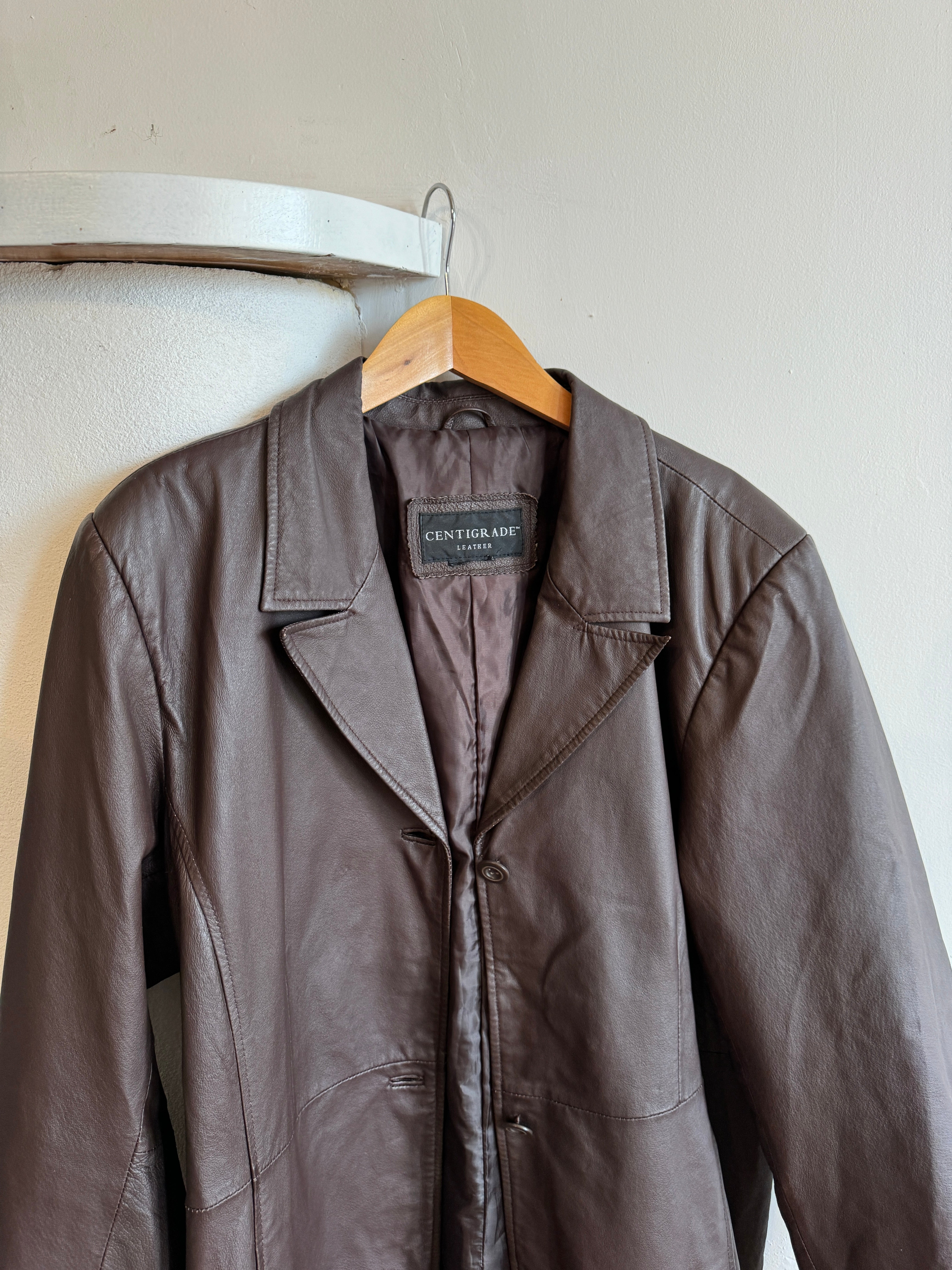 Vintage 90s Leather Trench Coat Deep Brown