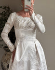 Vintage 60s Satin Jacquard Embellished Wedding Gown Ivory