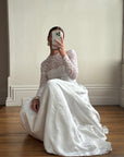 Vintage 50s Reworked Lace Long Sleeve Satin Wedding Gown With Bow