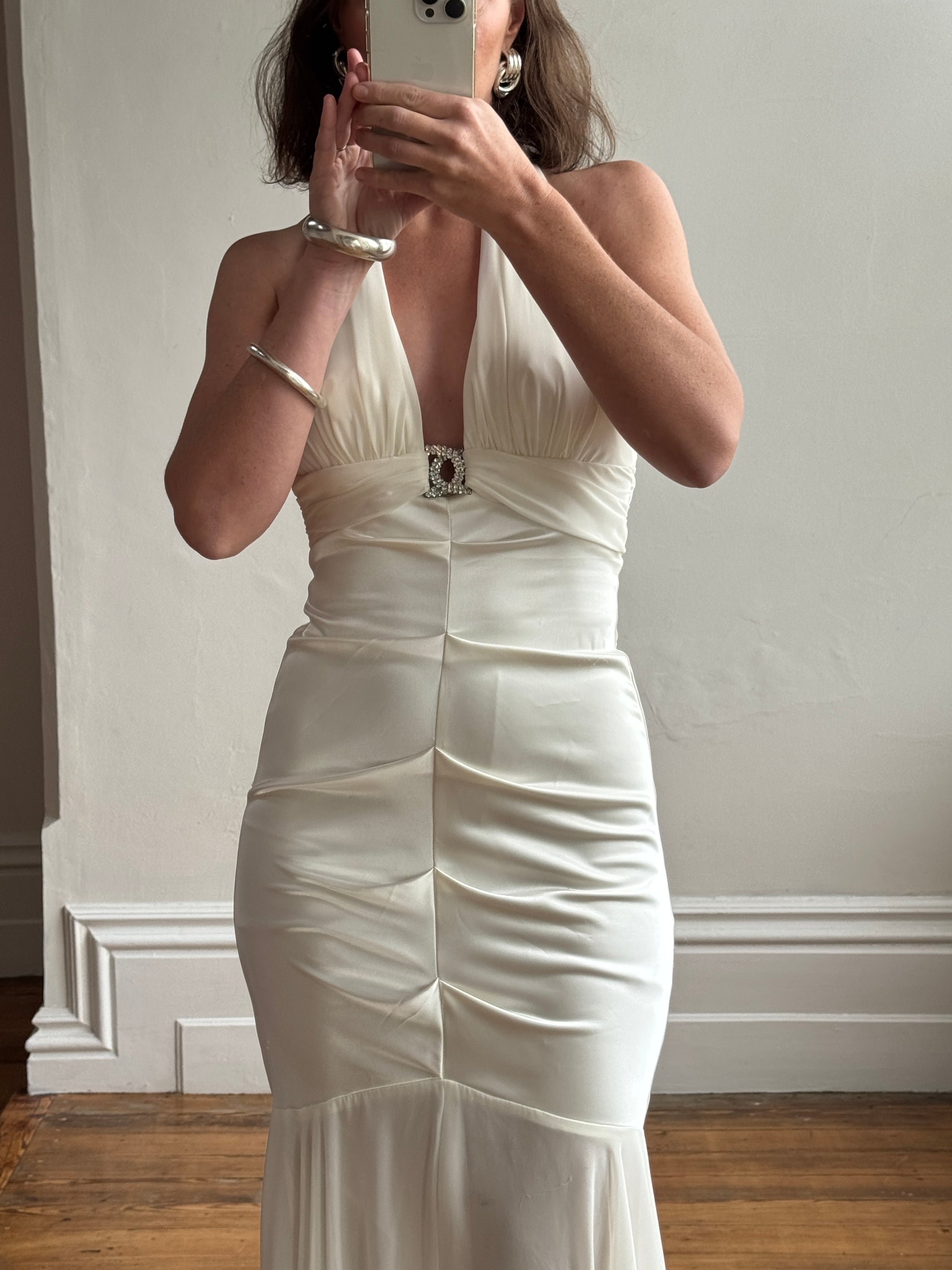 Vintage Y2K USA Made Mermaid Satin Fluted Dress Ivory