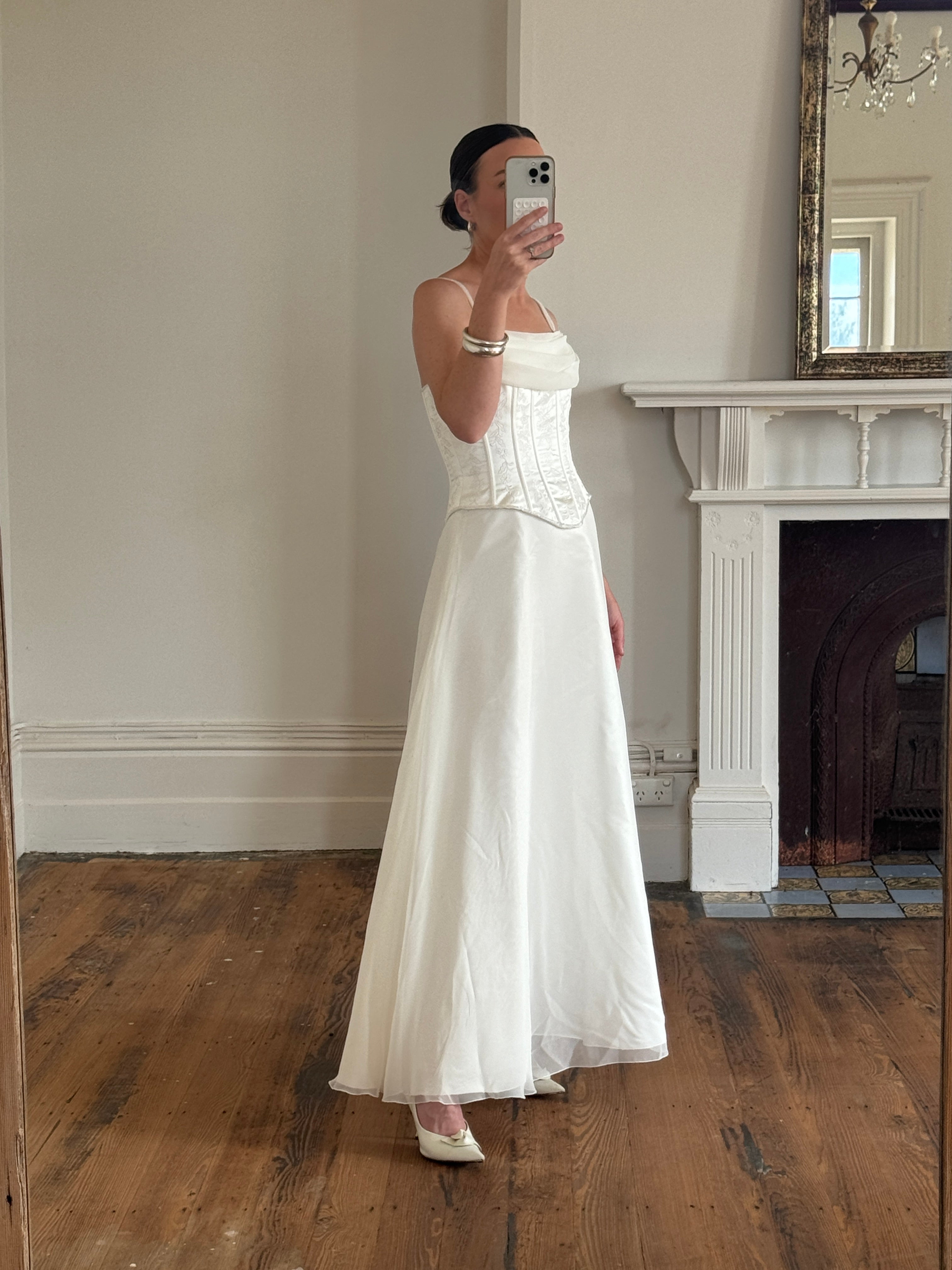 Vintage 90s Cowl Neck Jacquard Bodice Satin Wedding Dress