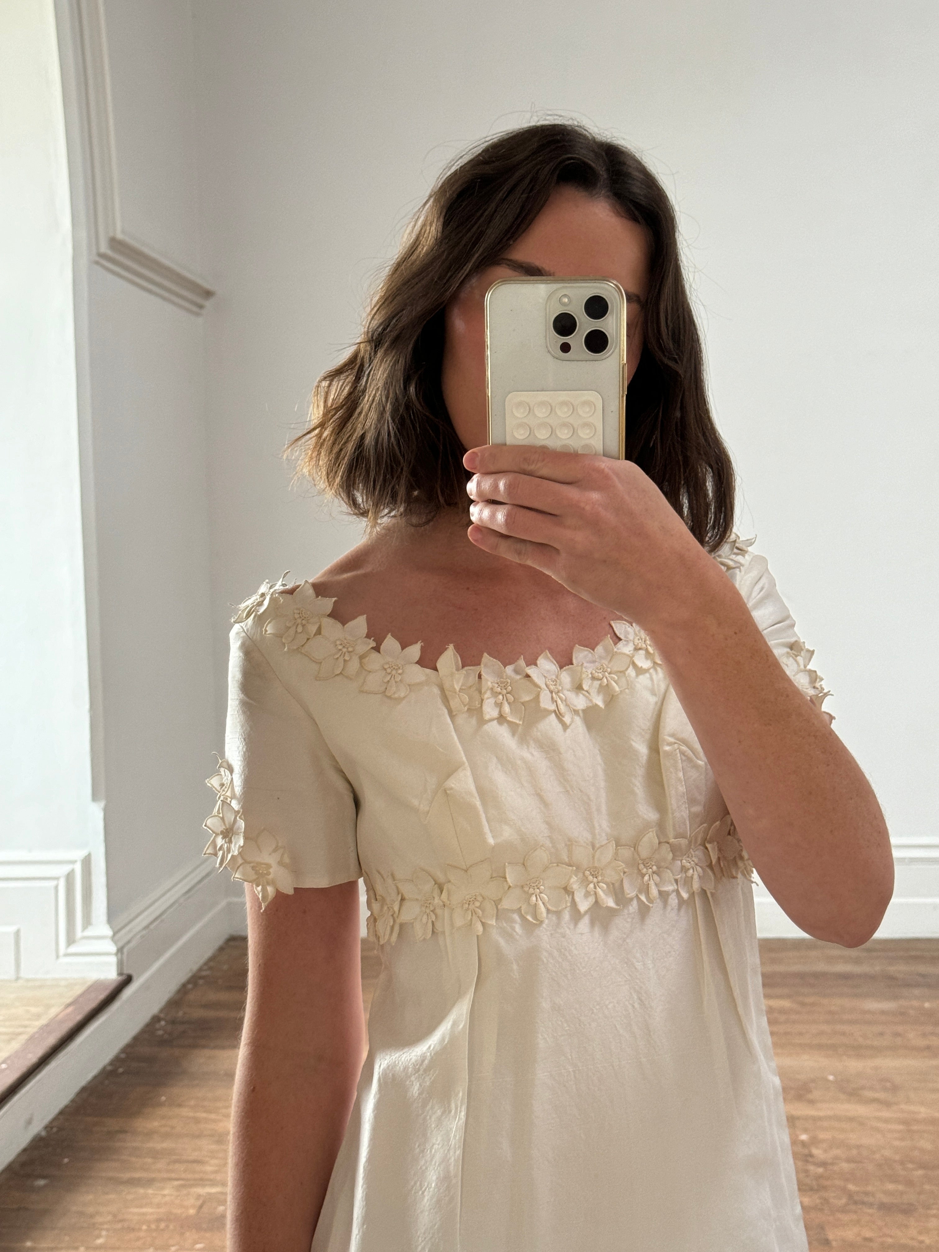 Vintage Pure Raw Silk Empire Bridal Dress With Floral Applique