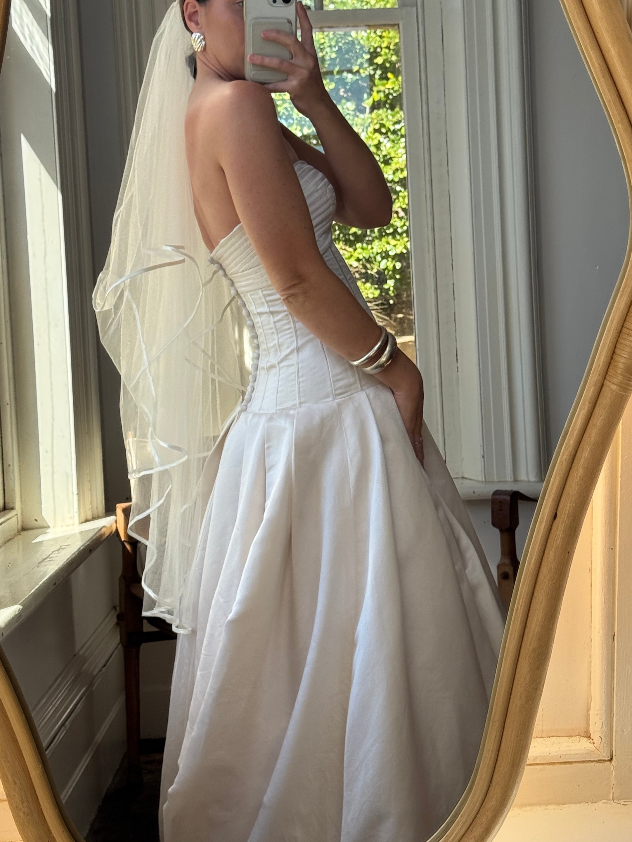 Vintage Y2K Pure Silk Drop Waist Satin Strapless Wedding Gown