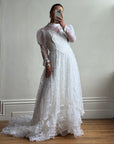 Vintage 70s Puff Sleeve Organza Ruffle Wedding Gown