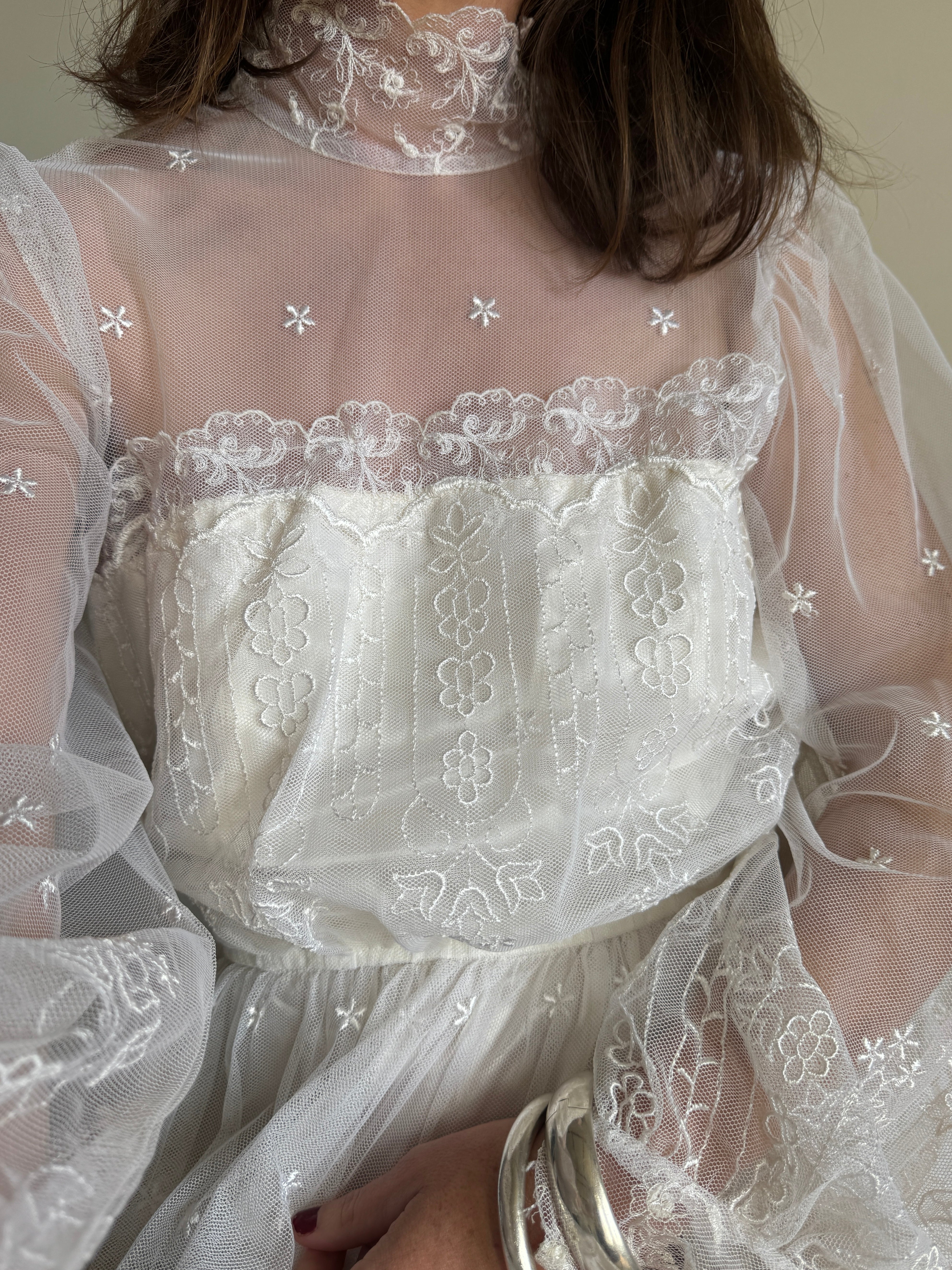 Vintage 70s High Neck Embroidered Long Sleeve Wedding Dress