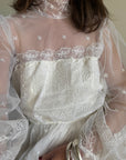 Vintage 70s High Neck Embroidered Long Sleeve Wedding Dress