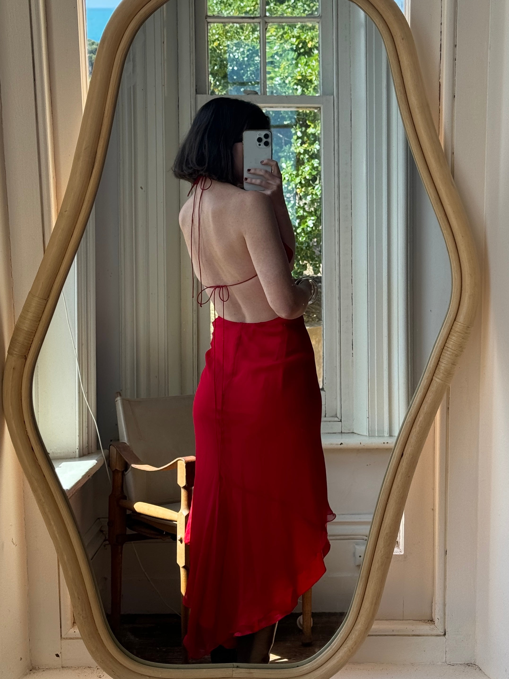 Vintage 90s Pure Silk High Low Halter Bias Dress Red