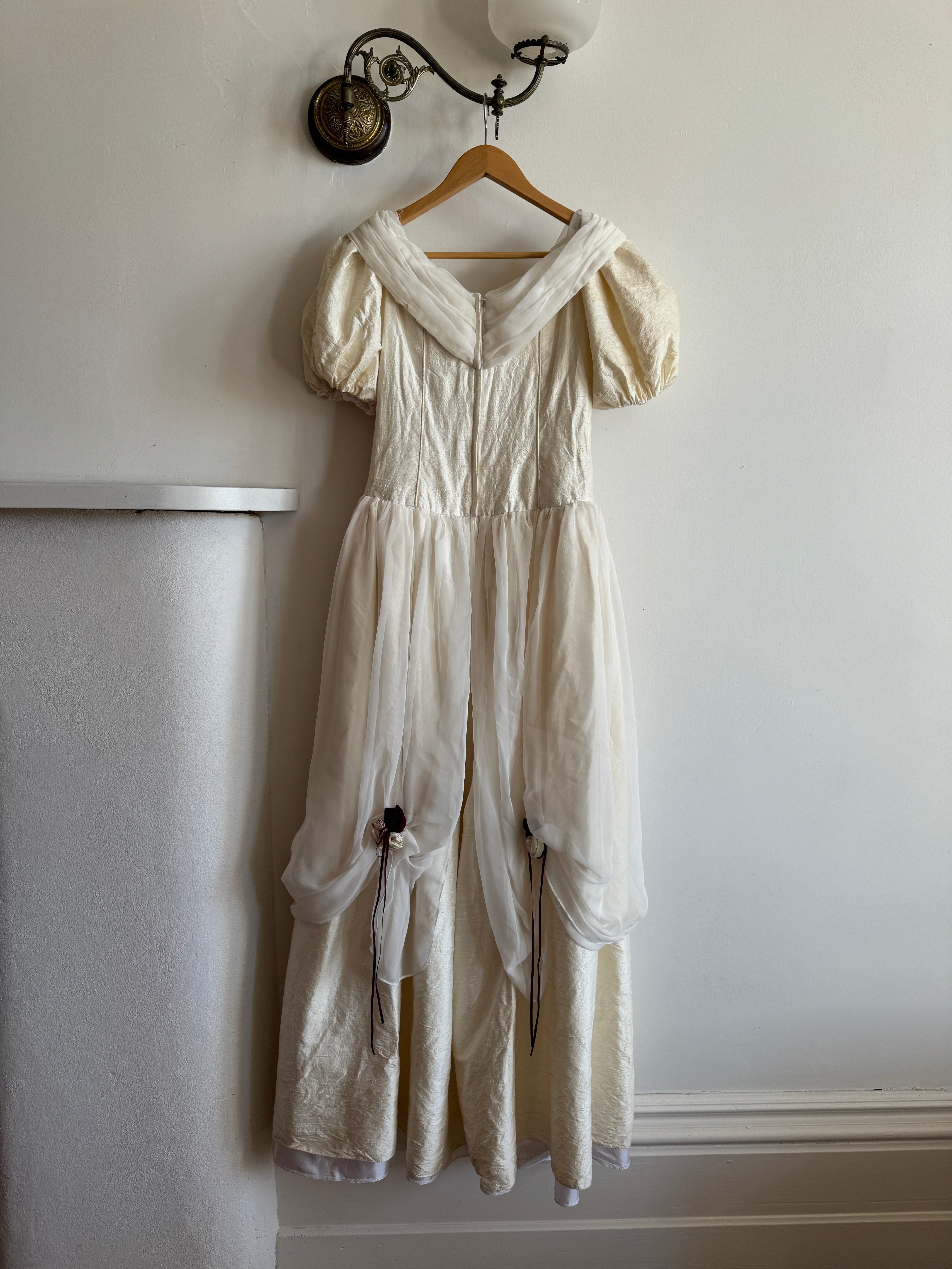 Vintage Silk Puff Sleeve Wedding Dress with Chiffon and Roses