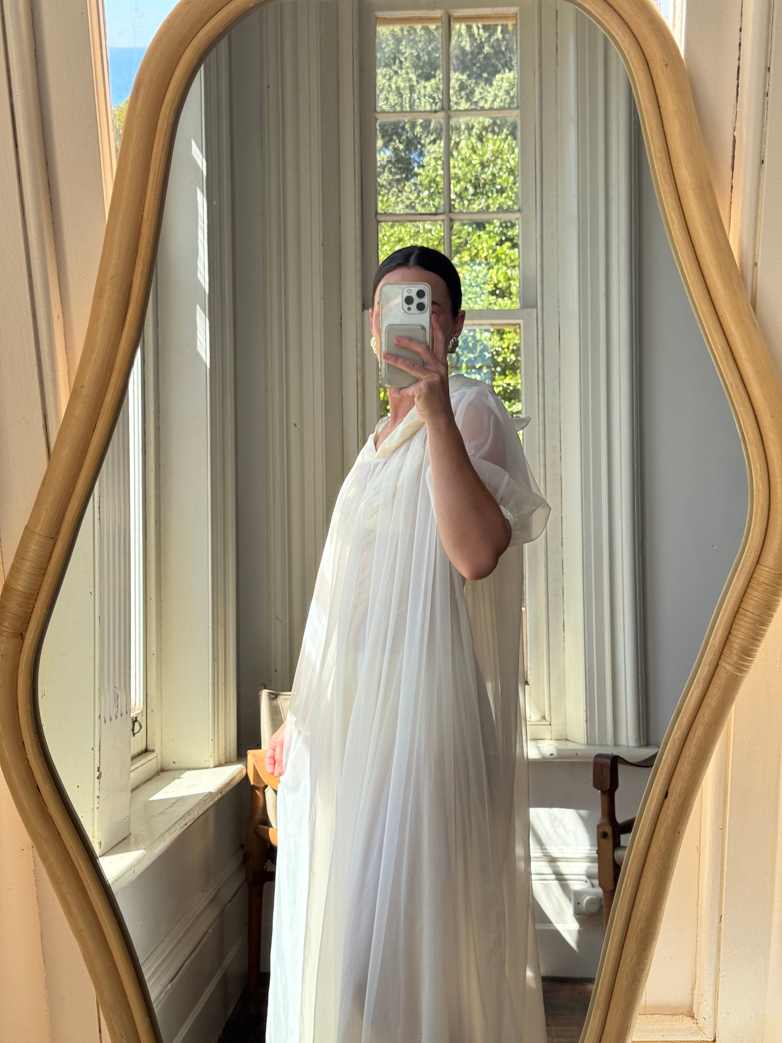 Vintage 50s Chiffon Bow Peignoir Slip Set Creme