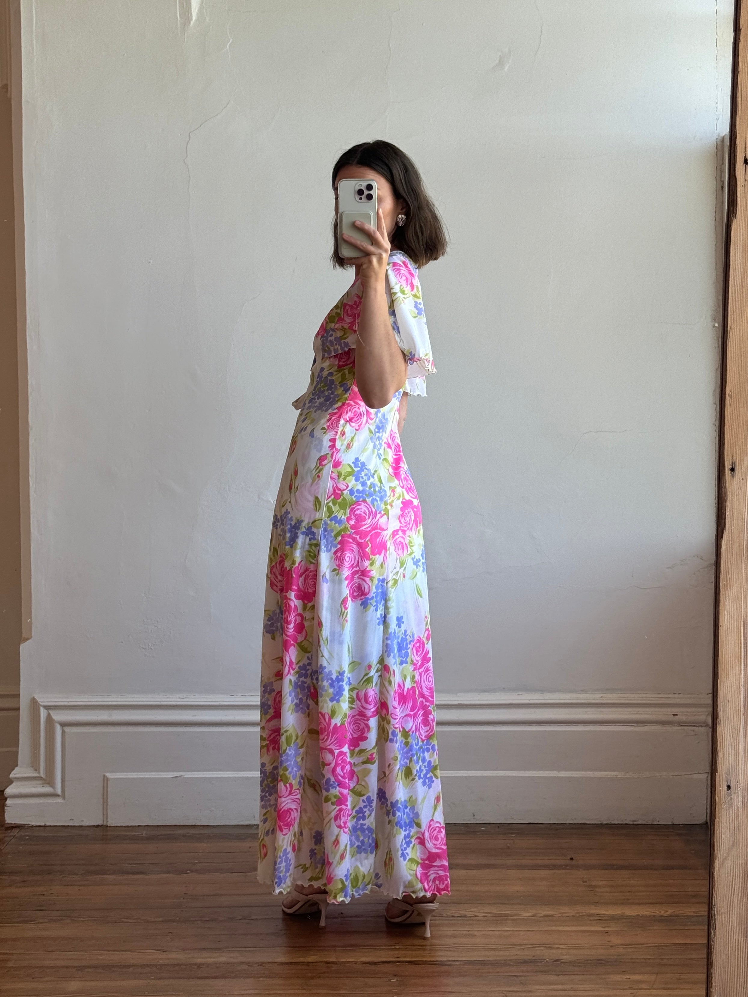 Vintage 70s Pink Floral Slip and Wrap Dress Set