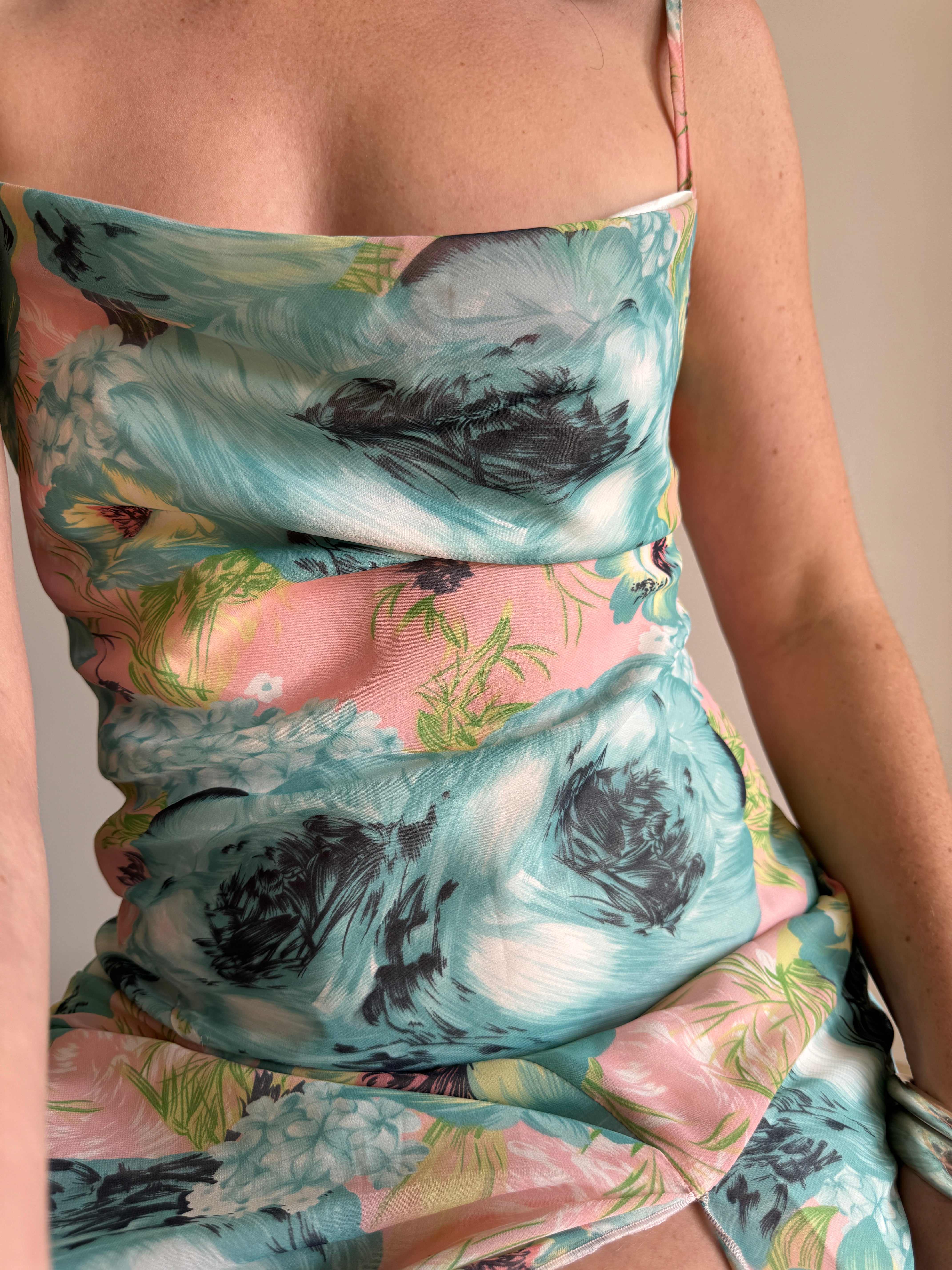 Vintage 90s Peach and Aqua Floral Bias Slip Dress